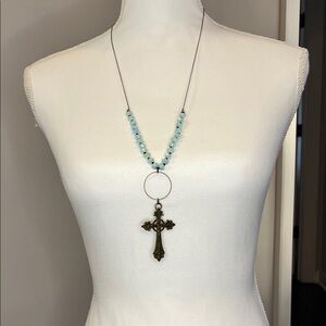 Elegant Blue Beaded Cross Necklace